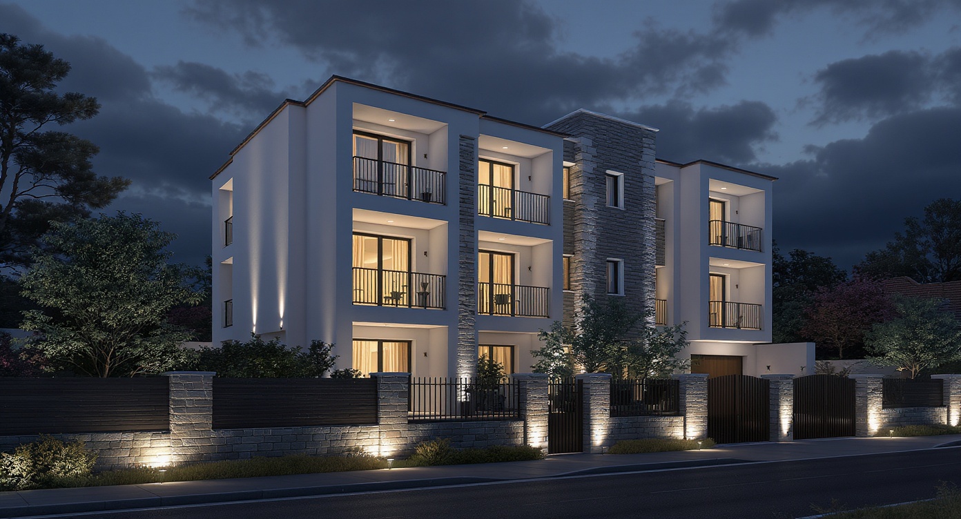 3D architectural exterior rendering of a modern multi-storey residence at night