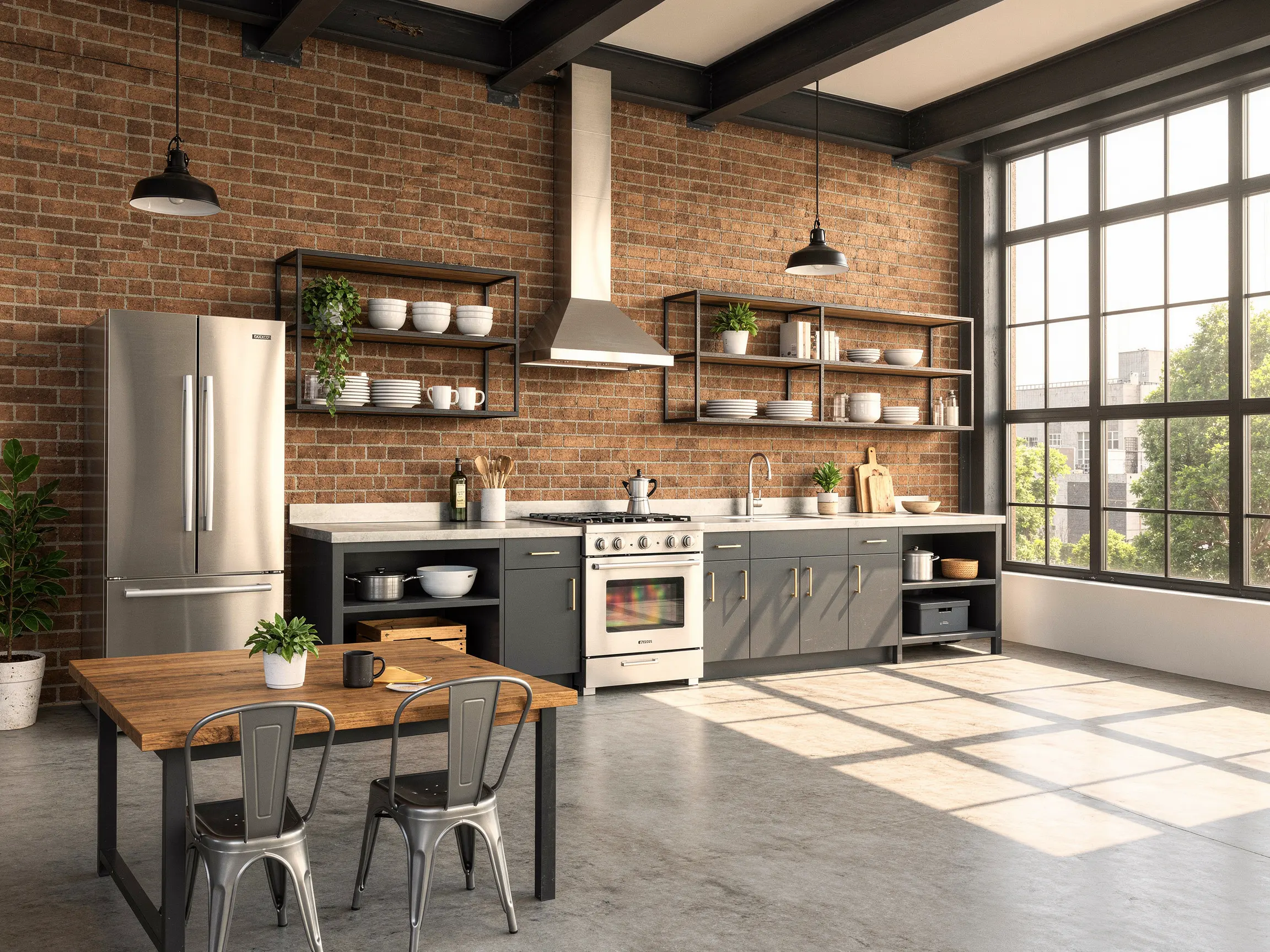 Photorealistic 3D interior rendering of a modern kitchen with island and warm ambient fixtures