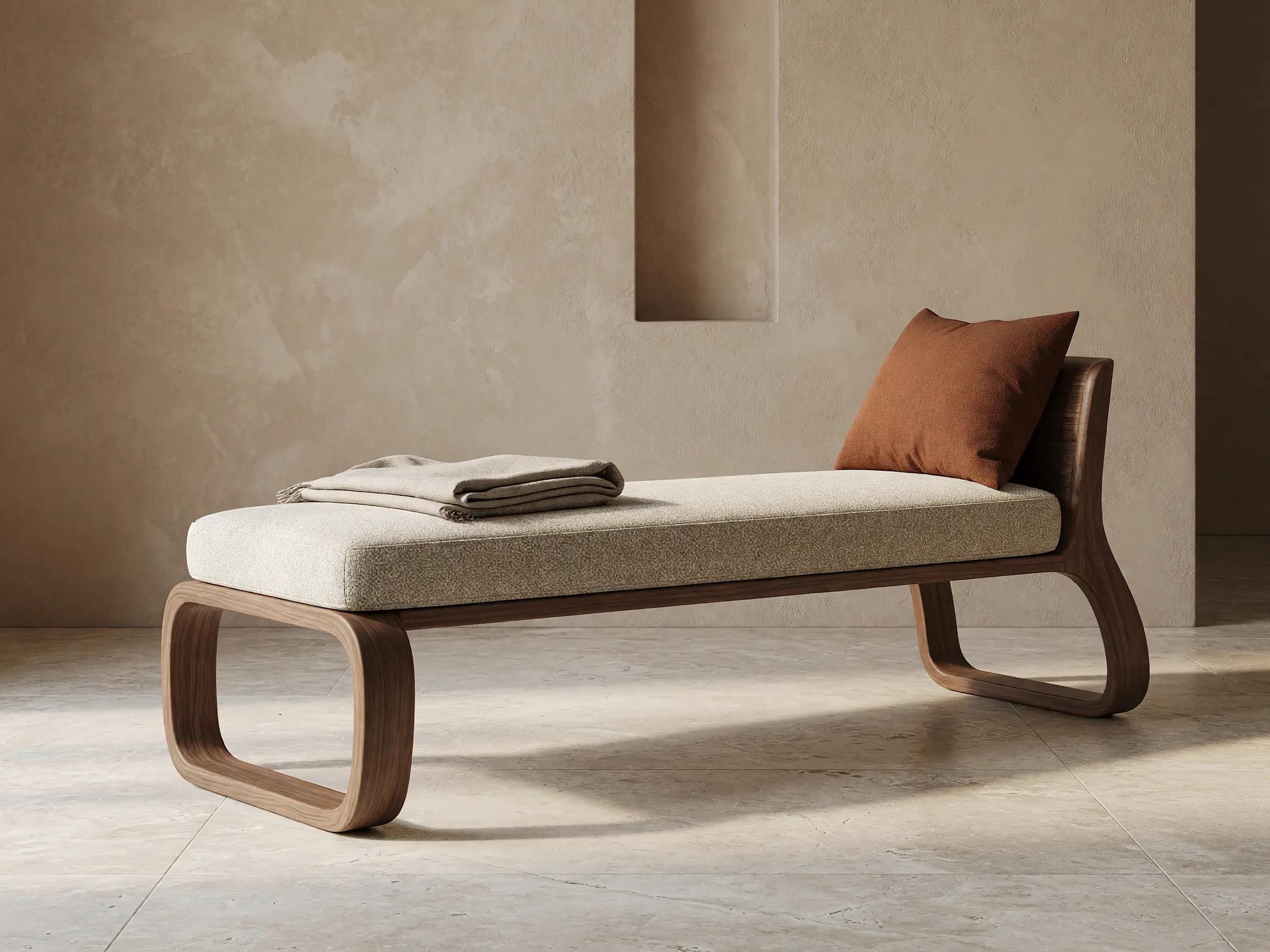 3D daybed model transformed into a photorealistic lifestyle furniture visual inside a sun-filled room
