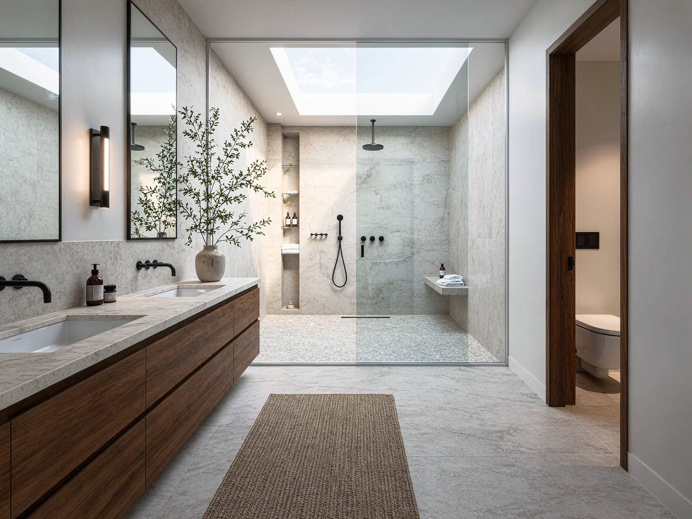 Contemporary bathroom model turned into a photorealistic modern ensuite with marble tile