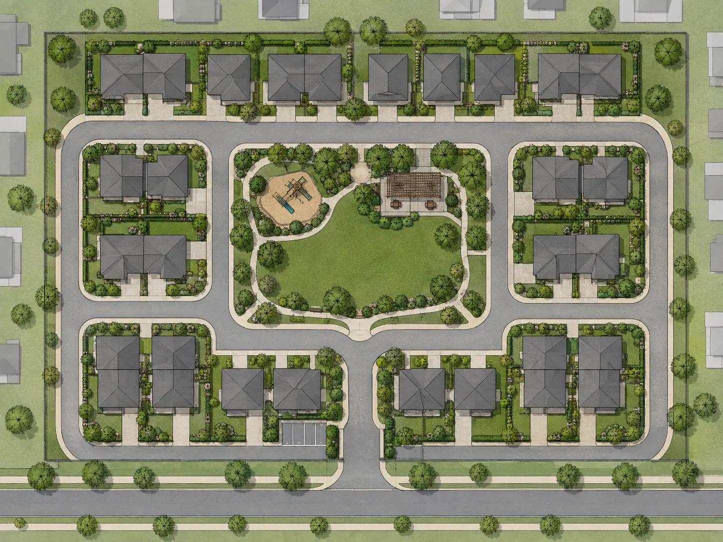 Original sketch — Residential site plan transformed into a realistic top-down rendering with landscaping, private gardens and road markings