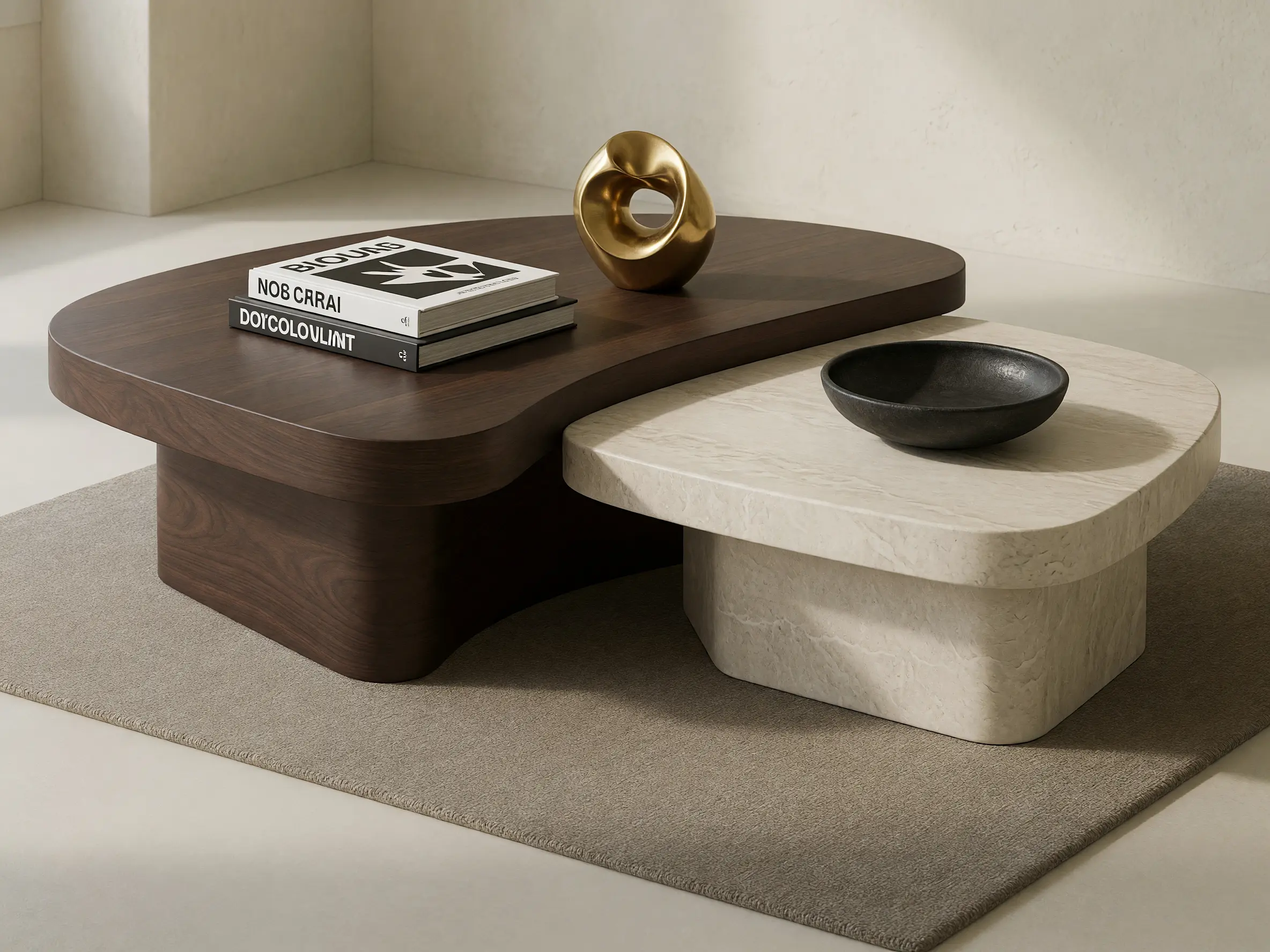 Two-piece coffee table model transformed into a photorealistic marble and fluted timber visual