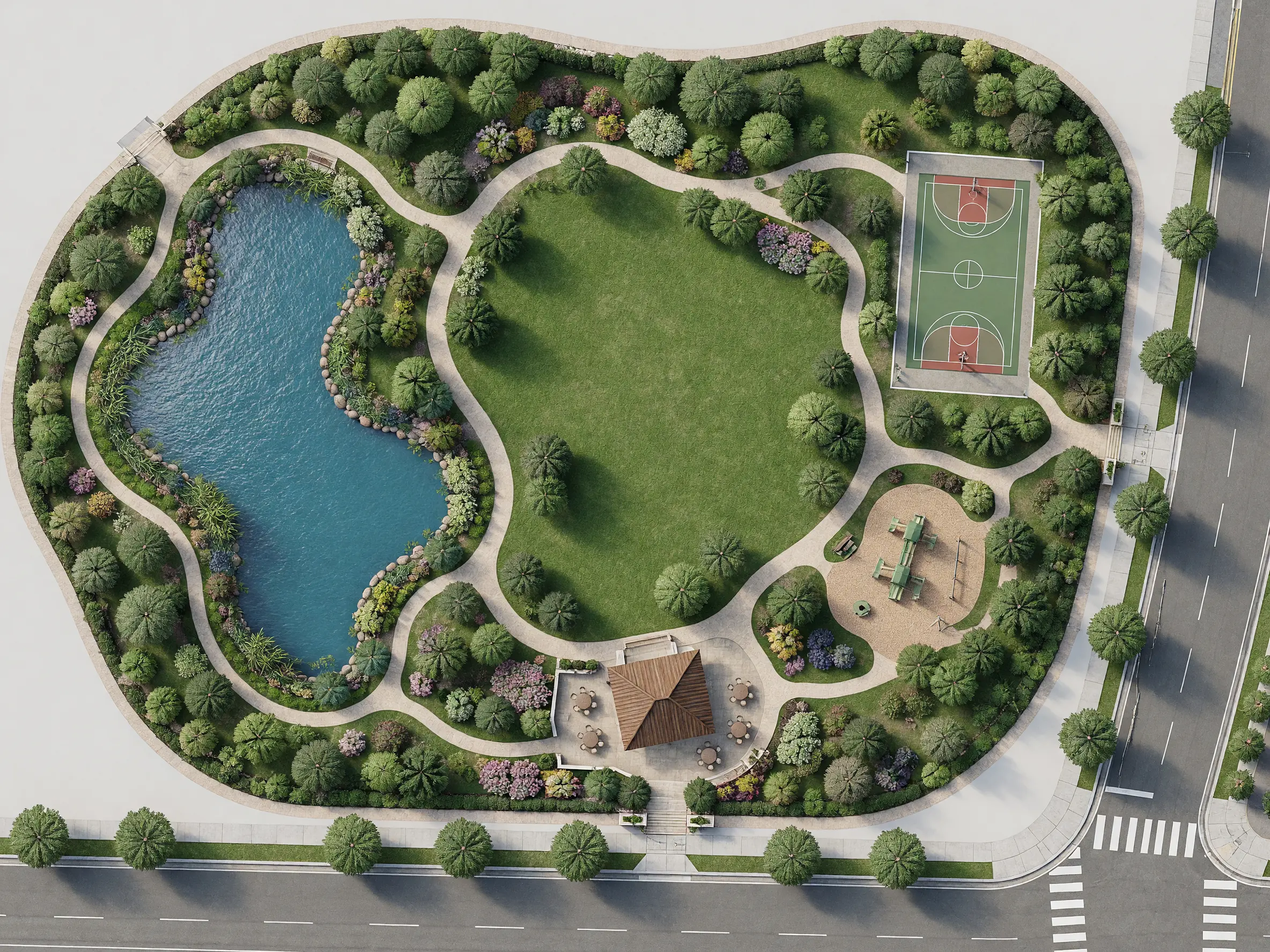 Urban 3D site plan rendering showing streets, building density and park connections