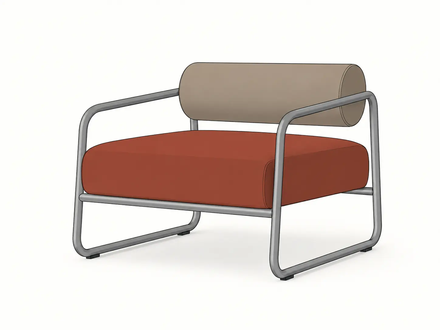 Original sketch — 3D lounge chair model transformed into a photorealistic furniture render with boucle upholstery and warm timber frame