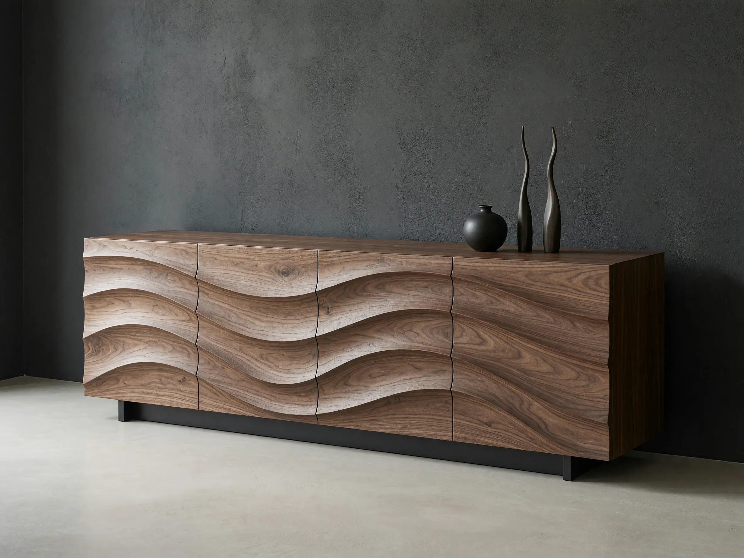 Sculpted wooden sideboard model transformed into a photorealistic product render with tactile grain