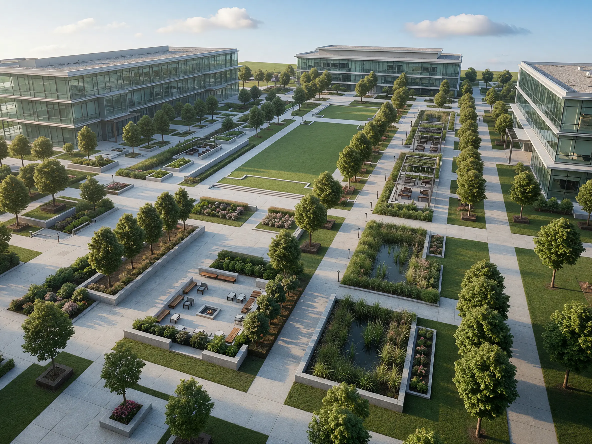 Office campus site plan transformed into a photorealistic masterplan with plazas and reflecting pools